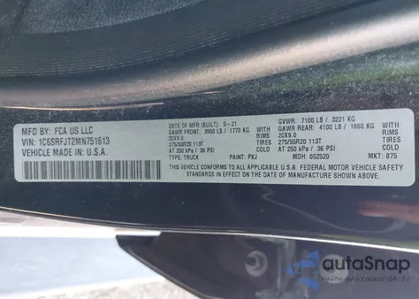 2021 Ram 1500 Laramie 4X4 5'7 Box from USA, damaged, VIN 1C6SRFJT2MN751613